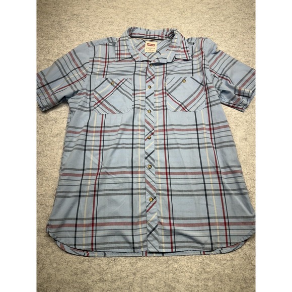 Levis Shirt‎ Mens XL Blue Red Gray Plaid Short Sleeve Western Pearl Snap Casual - Picture 2 of 5